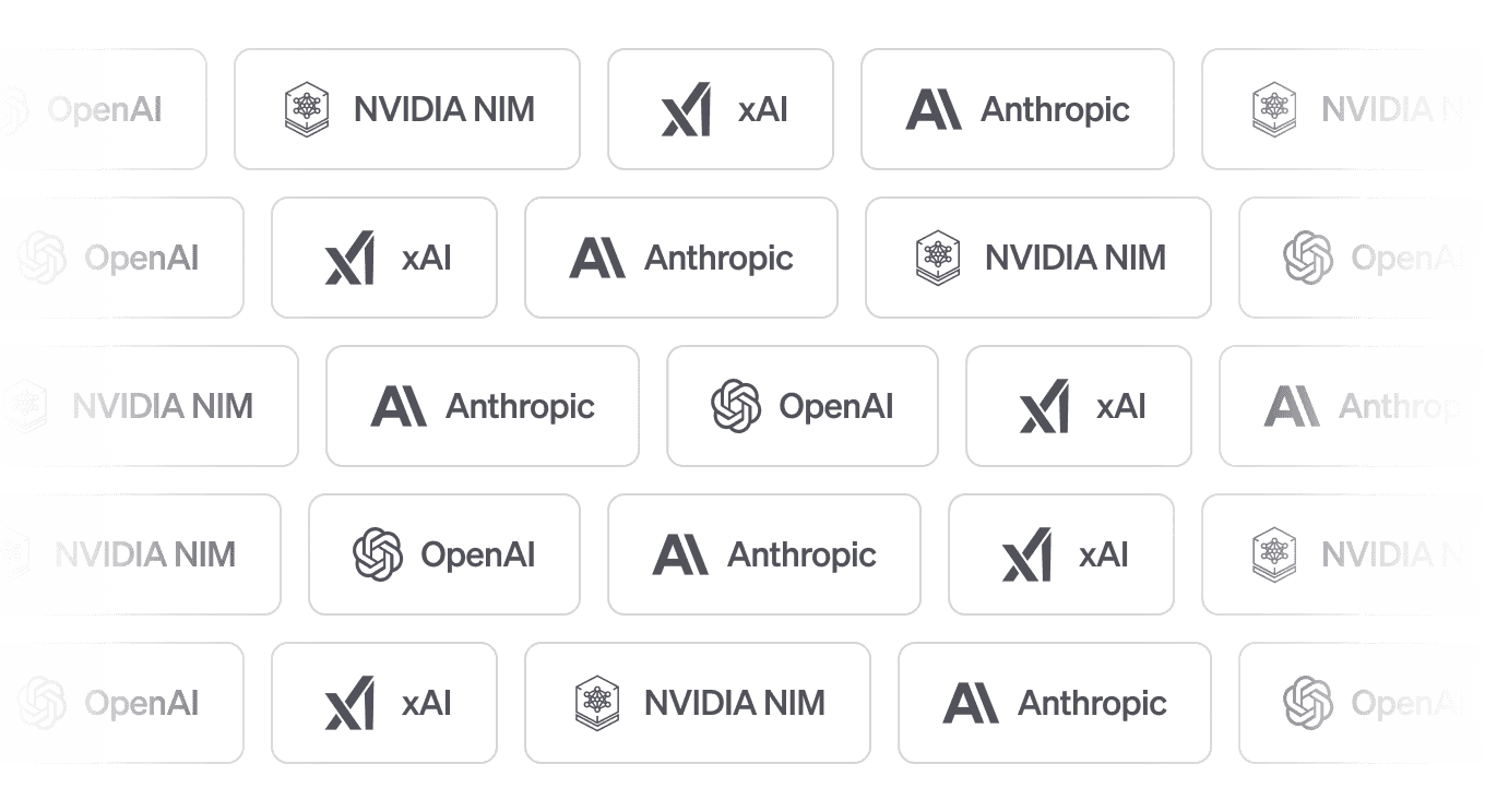 Grid of supported AI model providers including OpenAI, xAI, Anthropic, and NVIDIA NIM