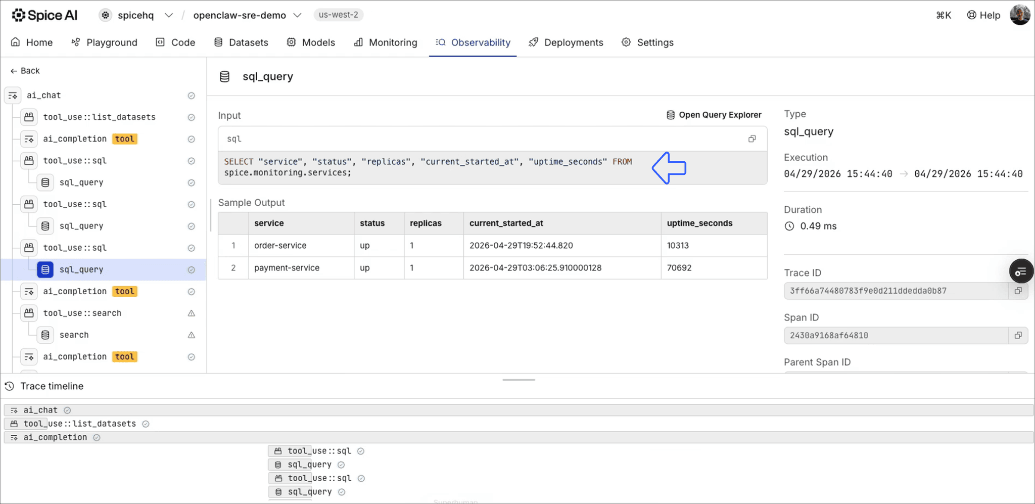 Spice AI portal running a SQL query against an accelerated dataset with results and execution timing